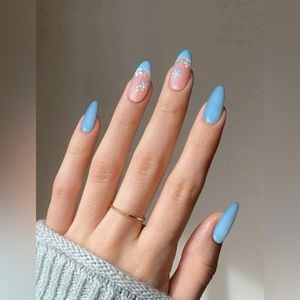 24pcs Long Almond Blue French Floral Print Press On Nail Set❤️